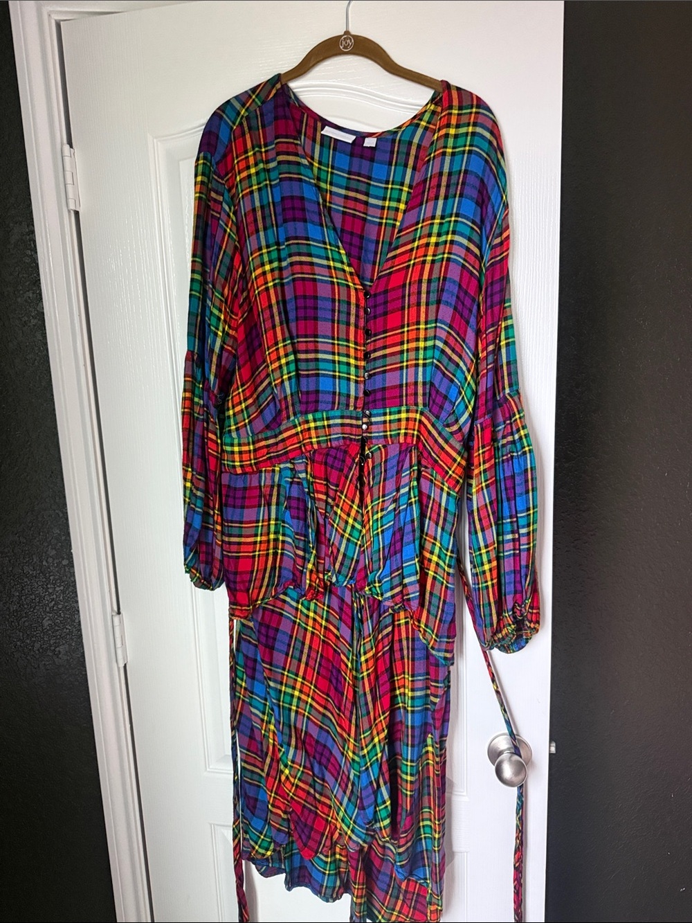 New York & Company Multicolor Plaid Button-Front Tunic Top